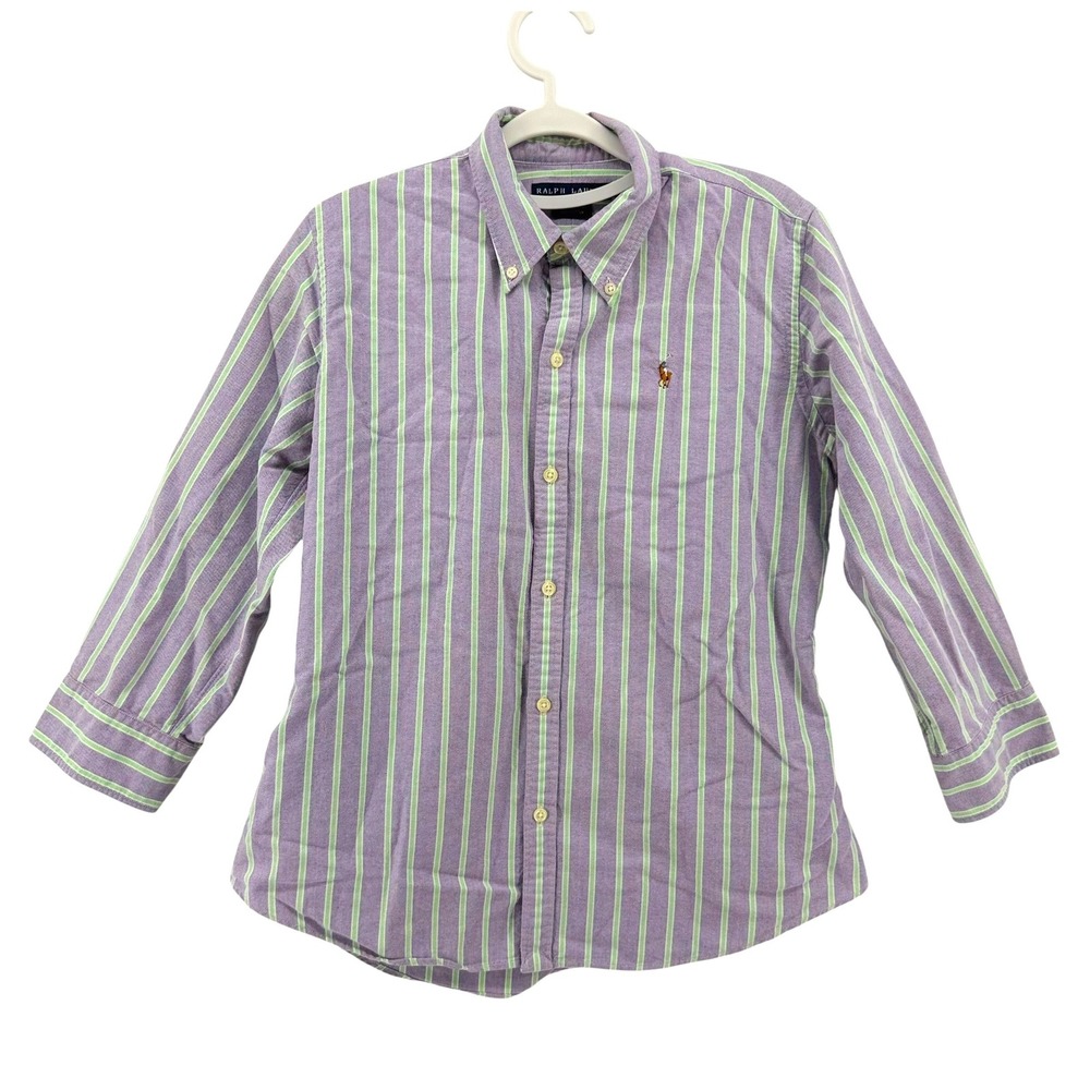 Ralph Lauren Womens 10 Slim Fit Striped Oxford Button Down Shirt Purple Green